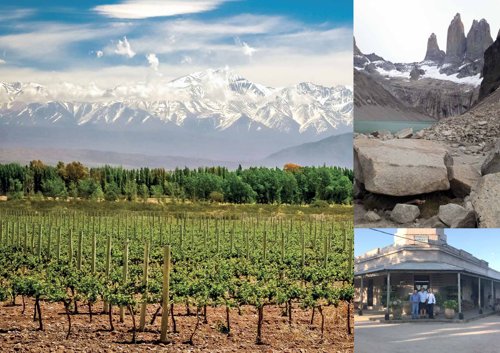 Mendoza vineyards beneath the Andes with mountain and town scenes