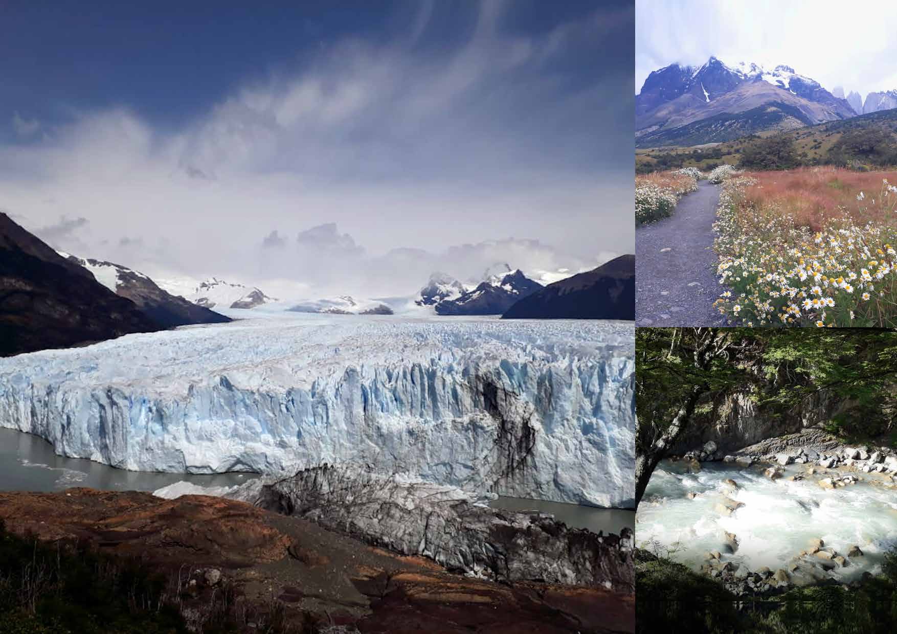 A Patagonian glacier, mountain trail, and glacial river